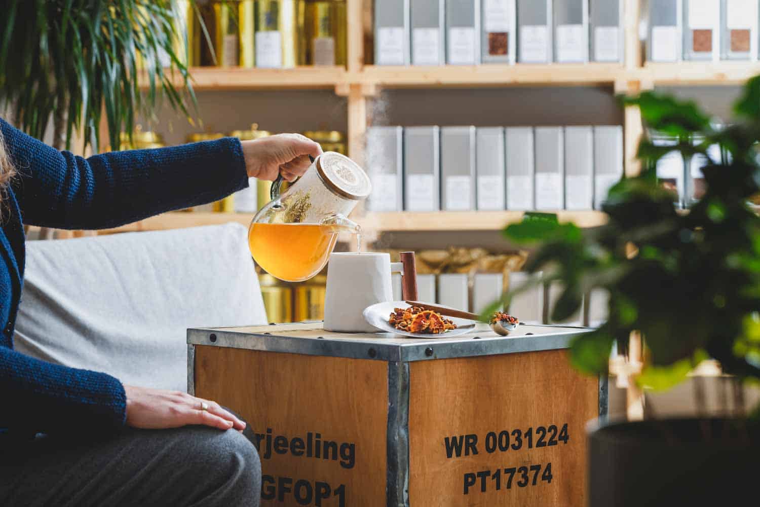 Tee in Becher gießen