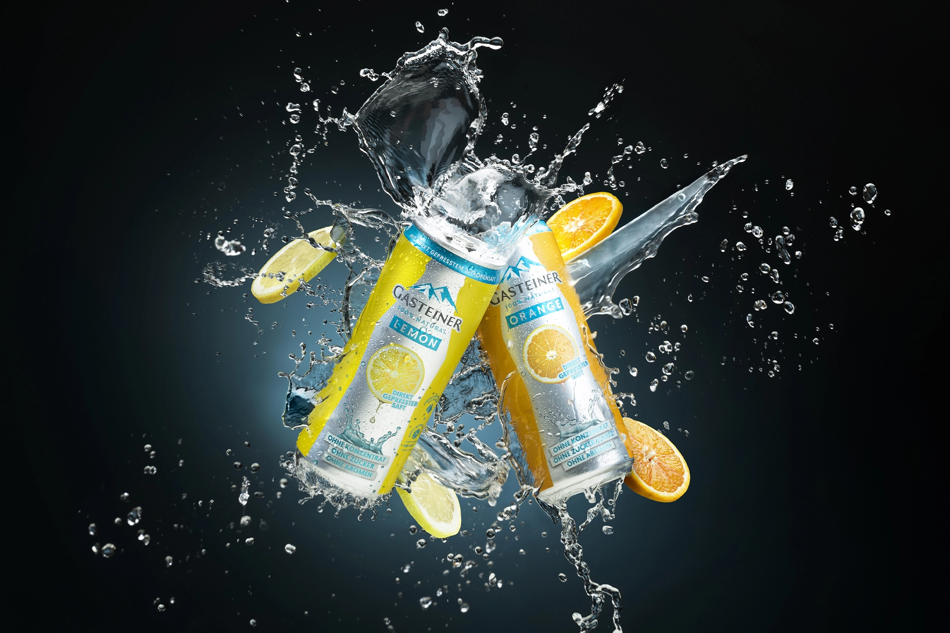 Werbebild von Getränken mit Splash Effekt